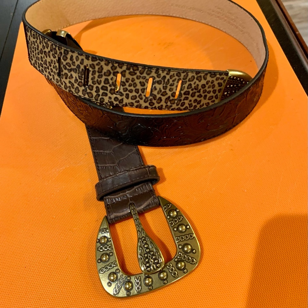 Leather, brass and leopard Chicos belt! Beautiful condition and style! Lg
